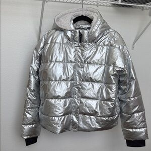 aerie Metallic Silver Puffer Jacket with Sherpa-Lined Hood